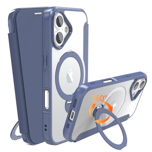 IIKAYO iPhone 17 用 ケース 手帳型 カード収納 背面クリア MagSafe対応 リング付き 360°回転スタンド軽い 薄型 耐衝撃 全面保護 縦横両対応 レザー素材 マグセーフ対応 おしゃれ 青の商品画像（Amazon）
