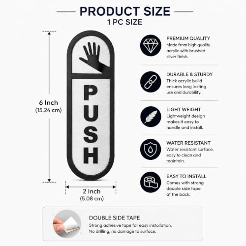 Image of Premium Black & Silver Acrylic Pull Push Door Sign 6 x 2 Inch | Self-Adhesive Door Signage for Hotel, Office, Corporate, Resort, Business, Shop, Cafe & Restaurant | Easy Mount Sign Board