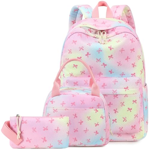 LEDAOU Mochila infantil para meninas com lancheira, conjunto leve de mochila para livros do ensino fundamental, mochila de 8 a 14 anos, Arco arco-íris, Large, Escola