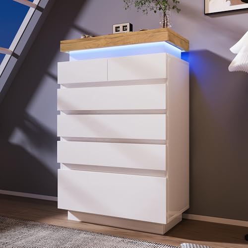 REXO Aparador de 6 cajones brillante con iluminación LED (App Control), armario multiusos para salón y dormitorio, 115 x 73 x 39 cm, color blanco