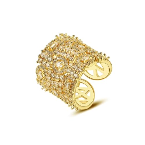 SHINEFLUX 14K Gold Statement Moissanite Ring, Luxury Micro Pave Open Band with Sparkling Stones, Bold Cocktail Ring for Women (Yellow Gold, 14K Gold)