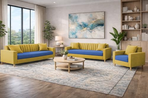 Image of Casaliving Garcia 3+2+1 Seater Sofa Set for Living Room (Blue Yellow Colour) Premium Fabric Sofa