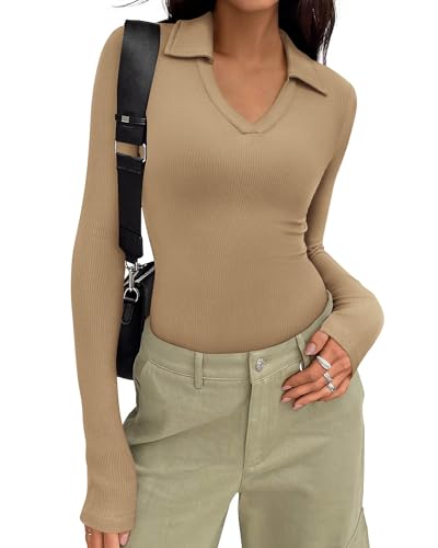 KIRUNDO Polo Shirts for Women Long Sleeve Business Casual Tops 2026 Spring Fall Ribbed Knit Collared V Neck Slim Work Blouses(Khaki, X-Small) — view 2