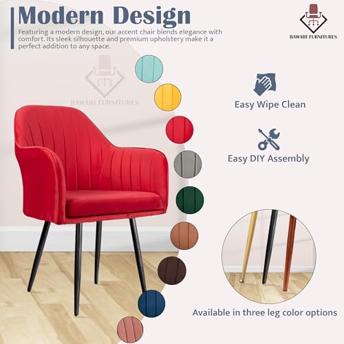 Image of Plush Dining Chair | Accent Chair for Living Room Bedroom Restuarant | Velvet Fabric & Thick Cushion Seat with Sturdy Glossy Metal Legs (Black Legs, Red)