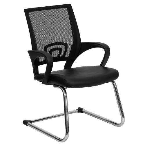 Flash Furniture Black Mesh Side Reception Chair with Leather Seat and Sled Base
