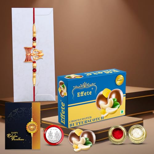 Image of DeoDap Rakhi Gift Set for Brother Raksha Bandhan - Lord Shiv Trishul Design with Choco Butterscotch, Silver Pooja Coin & Greeting Card