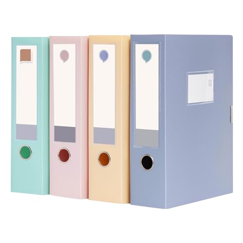 komstuon A4 Storage Archives Cases File Boxes Plastic Archives Cases with Lid, Box File, Height 75mm,4 Colores Folding Document Storage Box for Office?Homes and School-4 Pack