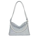 1 Bolso Plateado Y 1 Cadena De Perlas, Bolso Cuadrado Pequeño De Diamantes De Red Con Textura De Moda, Bolso De Hombro Elee Y Versátil, Bolso De Mensajero De Gran Capacidad, Banquetes De Bodas.