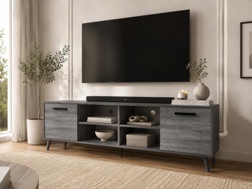 Image of Moku Engineered Wood TV Unit for Up to 75 Inch TVs | Modern Entertainment Center with Storage Cabinets & Open Shelves | Wooden TV Cabinet for Living Room | Grey Oak Finish
