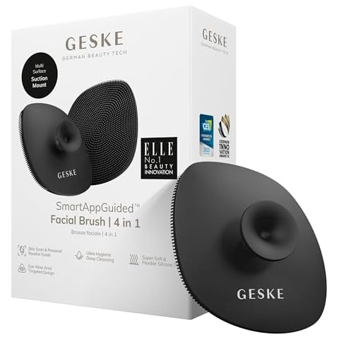 GESKE SmartAppGuided™ Facial Brush | 4 in 1 | Professional Facial Cleansing Brush with Handle | Skin Cleansing Soft Silicone Facial Brush | Routine Skincare | Gentle Cleansing | Facial Cleanser Cover