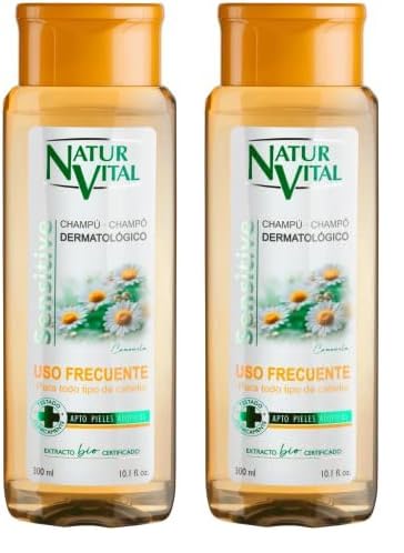 NaturVital - Champú Sensitive Uso Frecuente con Camomila, Sin Parabenos, Colorantes ni Siliconas, Champú Natural, Dermatológico para Piel Sensible y Atópica, Hombres y Mujeres,300ml (Paquete de 2)