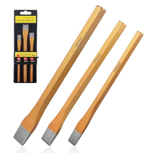 3 Pcs Cold Chisel Set Bolster Chisel Heavy Duty CRV Steel Metal Chisels for Stonework DIY Stone Chisels with Hard Bevel Chizzle Set for Cement Mortar Joinery Carving Masonry Tools 10mm 12mm 16mm