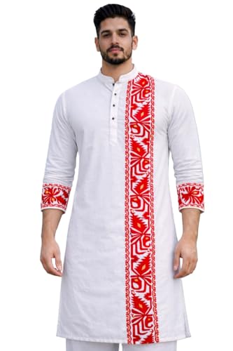 Image of Men's Cotton Jamdani Kurta for Festive, Casual Wear | Traditional Bengali Style Long Kurta | S to XL Size | White, Yellow, Blue Color Options