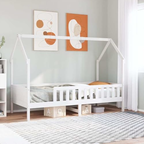 HaoChrymec Cama Infantil con Diseño Casita, de Madera de Pino Macizo, Cama Individual con Barandillas de Seguridad, Ideal para Habitación Infantil o Juvenil, Color Blanco, 90x200 cm