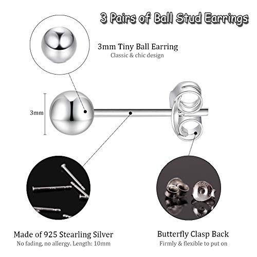 Sterling Silver Stud Earrings For Women Girls Men- 3 Pairs 3Mm Tiny Ball Stud Earrings Round Cz Earrings Pearl Earrings Set Cartilage Small Tragus Earrings #TOP1