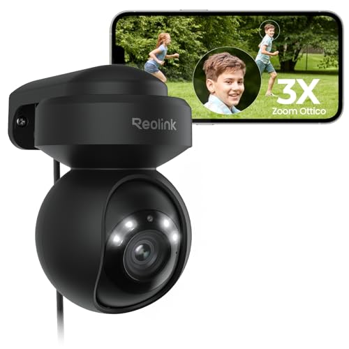 Reolink 5MP Telecamera Wi-Fi Esterno 2,4/5GHz, 355°Pan/50°Tilt, Visione a 360°, 3x Zoom, Auto-Tracking, Rilevamento di Persone e Veicoli, Audio Bidirezionale, Archiviazione su Cloud, E1 Outdoor Nero