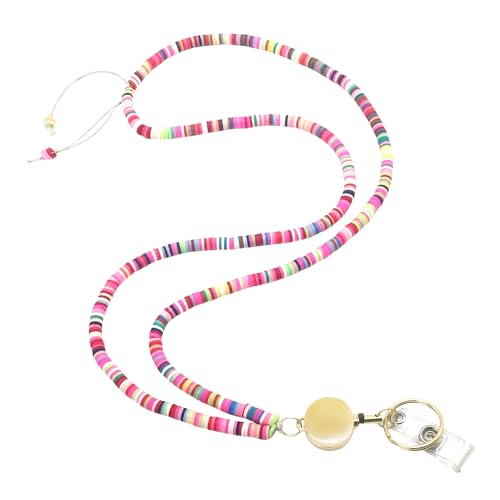 Image of Retractable Beaded Teacher Lanyard for Women with Id Holder Badge Reel Cute Lanyards for Id Badges Cruise Ship Cards Keys, Boho Colorful Pink