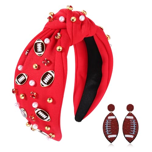 ZOLEAROPY Football Knotted Headband Rhinestone Crystal Wide Headband Red Football Beaded Dangle Earrings Game Day Hairband Hair Accessories Gift for Football Mom