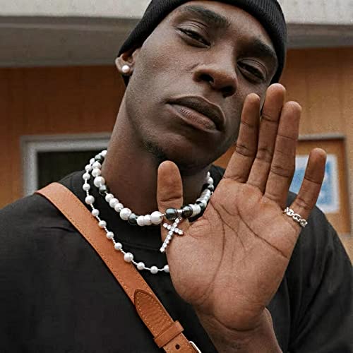 Idokawa Cross Necklace For Men Black White Pearl Necklace Stainless Steel Necklace 10Mm Double Layered Cuban Link Fashion Jewelry Gifts For Him #TOP5