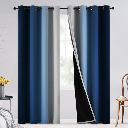 Image of SimpleHome 100% Blackout Ombre Bedroom Curtains Blue and Greyish White,84L | Room Darkening Curtains,Thermal Insulated Grommet Window Drapes and Curtains for Living Room,2 Panels, 52x84 inches Length