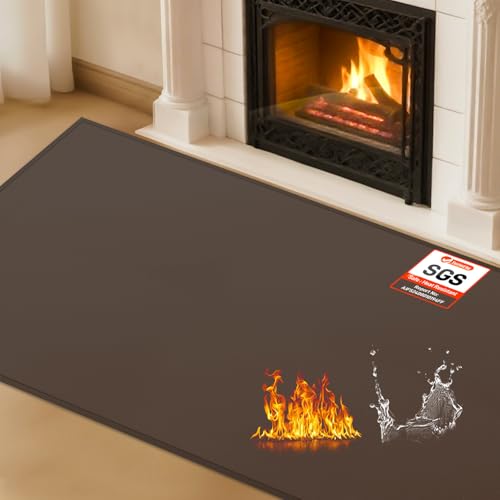 Hearth Rugs for Fireplaces Fire Resistant, 59 x 32 x 0.04 inch Fireproof Fireplace Mat Hearth Rug, Hearth Pads for Wood Stove Fireplace Indoor Outdoor, Protect Floors Carpets from Sparks Embers-Brown