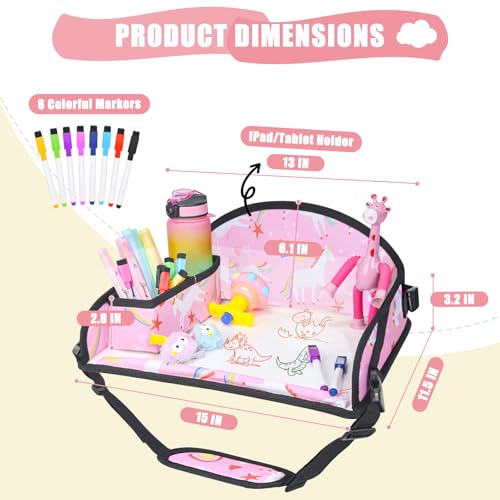 Image of Kids Travel Tray for Car Airplane - Car Seat Tray for Kids Travel, Toddler Carseat Lap Table, Road Trip Essentials, Lap Desk for Kid Roadtrip Activities, Pink Unicorn