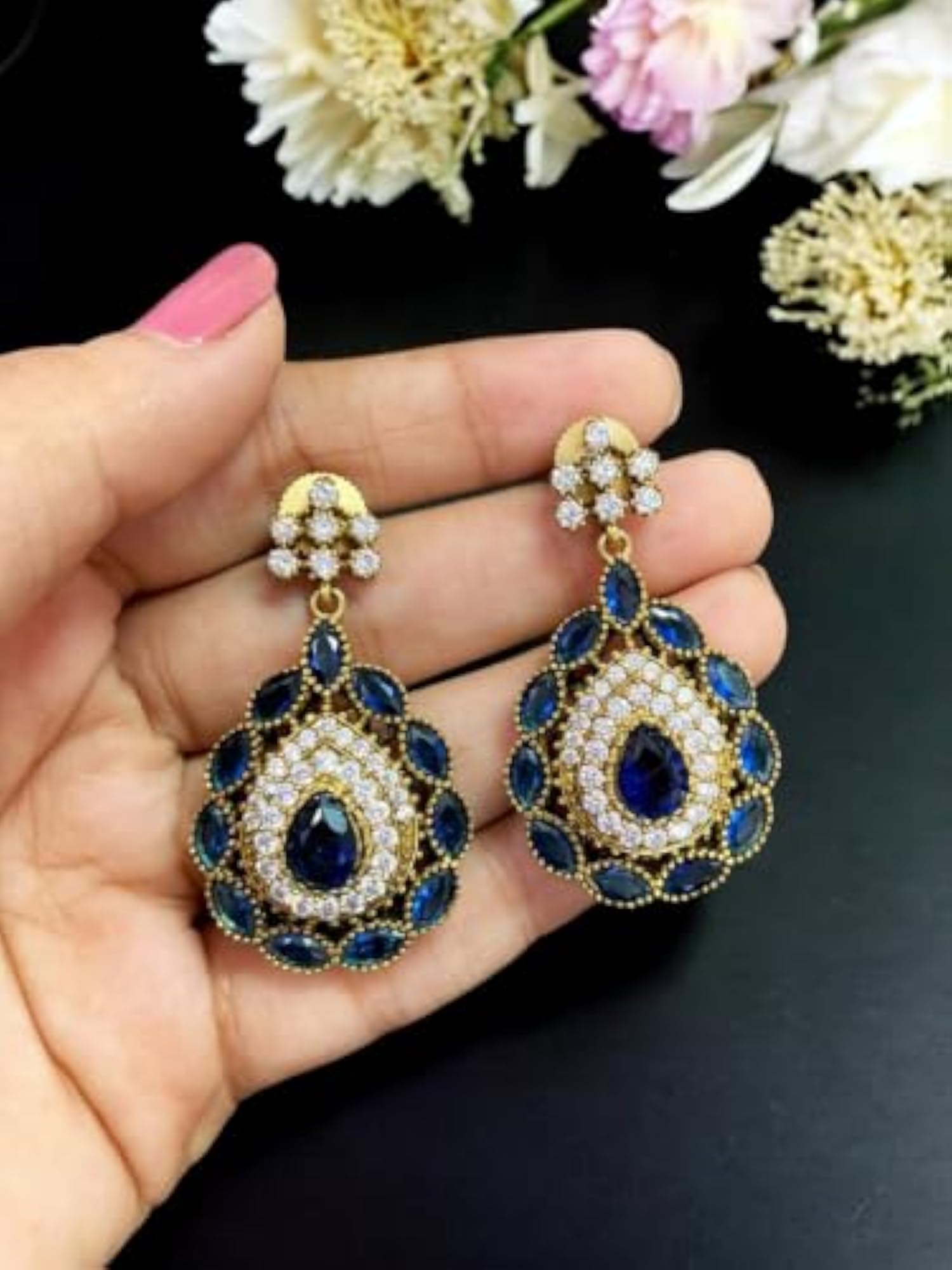 Floral Design Blue Stone Earrings for Women, Statement Drop Earrings