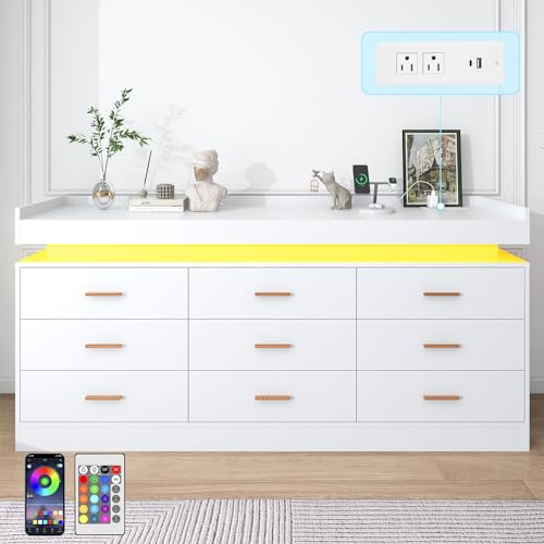 Image of jiteentarou 9 Drawer Dresser with Charging Station and LED Lights, Modern Chest of Drawers with Power Outlet, Organizer Cabinet for Bedroom, Living Room, Entryway, White