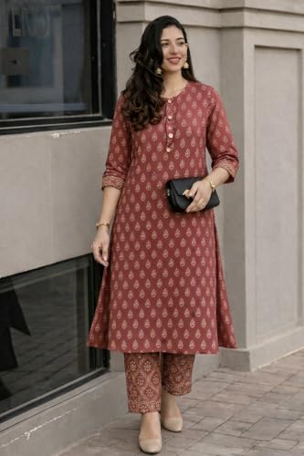 Image of ANNI Designer Kurta Set for Women Viscose Printed | Kurti Set for Woman | Kurta Pant Set | 2 Piece Set Women | Mandarin Neck 3 /4 Sleeve Regular Fit Stylish Ethnic Outfit Clothing