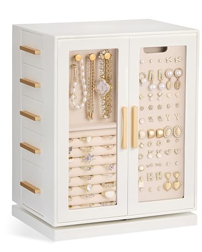 Lolalet Rotating 360 Jewelry Box Clear Window Jewellery Storage for Earrings Bracelets Necklaces Rings Large Vertical Organizer for Women Valentines Day Gift -White