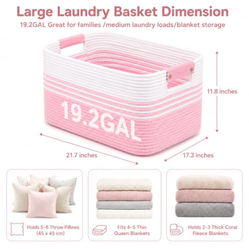 Image of 19.2GAL Sturdy Large Laundry Basket with Handles for Dirty Clothes, Portable Aesthetic Boho Cute Woven Storage Blanket Baskets for Living Room Decor and throws pillows Kids Toys Bath Towle White Pink