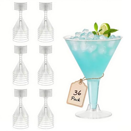 Ginikoe Plastic Martini Glasses Reusable 36 Pack 210 ml Bulk Clear Plastic Martini Cocktail Cups Shatterproof for Party Wedding Drinking Desserts Appetizers Pool Events with Detachable Stem