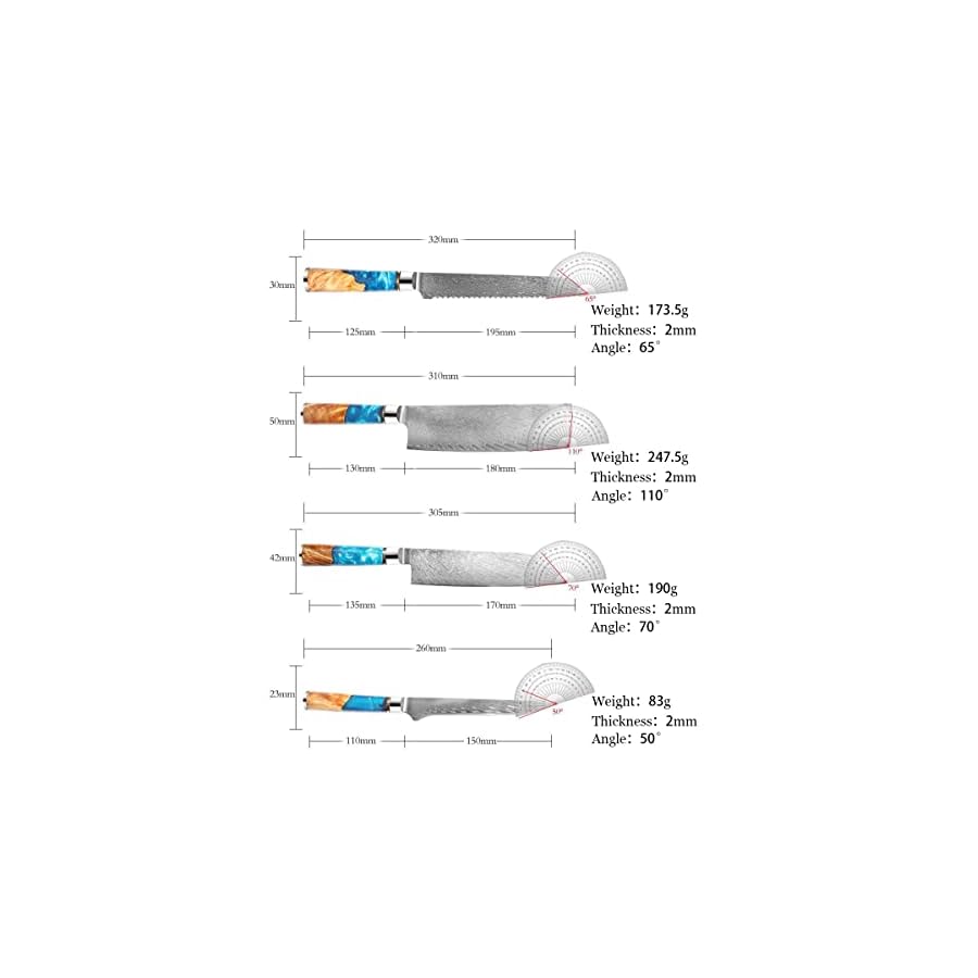 Kitchen Knife Sets, 9PCS Kitchen Knives Set Damascus Steel VG10 Chef Knife set Cleaver Paring Bread Knife Blue Resin and Color Wood Handle, MAYiT2855