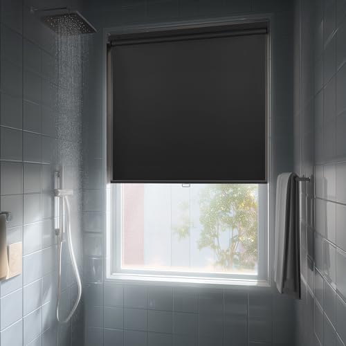 HESTIA No Drill Cordless Blackout Roller Shades Screwless Waterproof Shower Window Blinds, Auto-Retraction Easy Install Blind for Bathroom/Kitchen/Office/Exterior, Black, 22