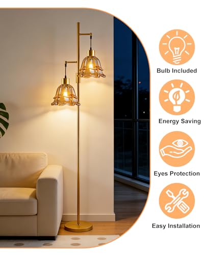 Image of 2-Light Modern Glass Floor Lamp, Gold Tall Standing Lamp with Amber Tulip Glass Shade for Reading, Dimmable LED Floor Lamp with Rotary Switch for Living Room Bedroom Home Decor, Bulb Included