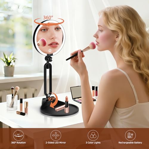 10X/1X Makeup Magnifying Mirror with Lights, 6inch Double-Sided 1X/10X Makeup Magnified Mirror Desktop LED 10X Magnification 3 Color Dimmable Light, Rechargeable Battery, 360° Rotation Folding Bracket — view 2