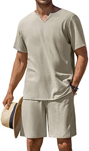 COOFANDY Men’s 2 Pieces Cotton Linen Set Henley Shirt Short Sleeve and Casual Beach Shorts Summer Yoga Outfits