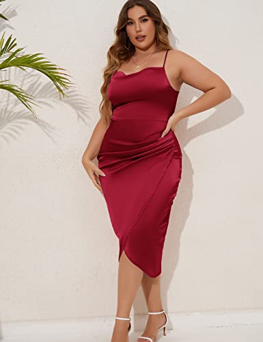 Image of ZOMVA Plus Size Satin Dress 1X-4X Ruched Cowl Neck Spaghetti Strap Elegant Midi Dress Wedding Guest Cocktail Party