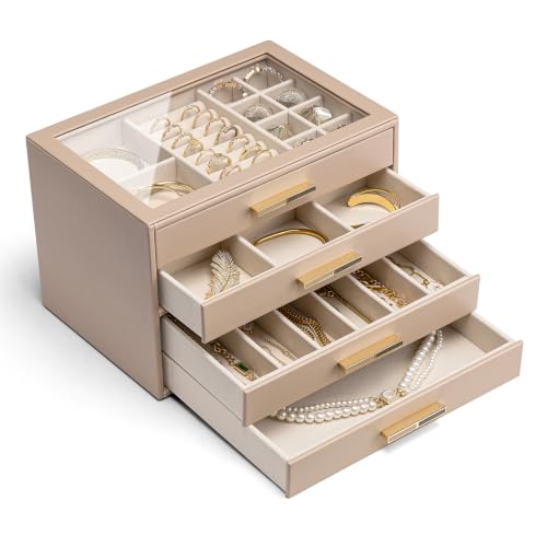 Vlando 4-Drawer Jewelry Box Organizer with Glass Lid, Latte