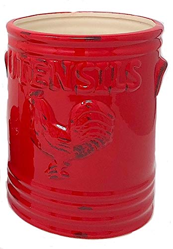 Home Essentials Rooster 7" H Utensil Crock Red W/Embossed Handles #TOP2