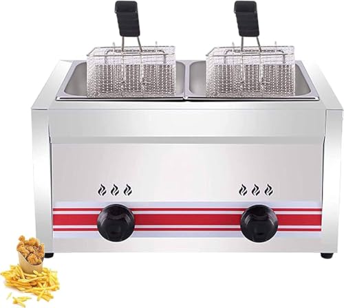 KJZQXYX Freidora de Gas Comercial 10/20/30l Encimera de Acero Inoxidable Máquina de freidora de Cocina de Doble Tanque con cestas y Tapa extraíbles, freidora Doble (20L)