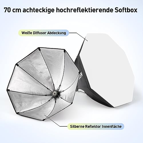 FGen Softbox Fotostudio Set, 135W 5500K Achteckiges Fotolicht Fotolampe, 70cm Beleuchtung für Fotostudios mit E27 Sockel und 2M Verstellbare Lichtstative für Studio-Porträts, Produktfotografie
