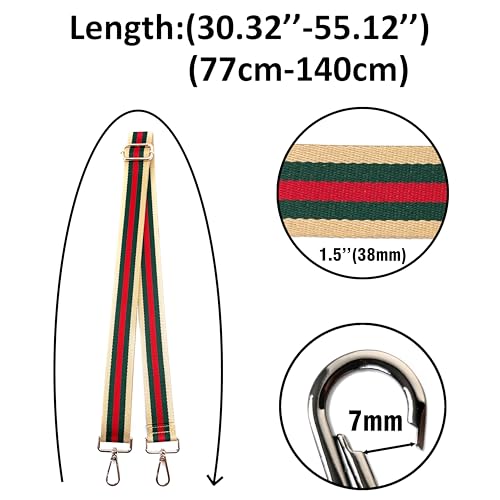 Image of Beige Green Red Stripe Purse Strap with Silver Hardware 1-1 /2 Inch Wide Replacement Crossbody Guitar Style Shoulder Strap for Handbags Totes