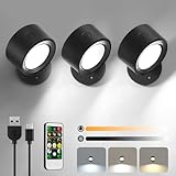 LED Wandleuchte Innen, 3 Stück Akku Wandlampe mit Fernbedienung Kabellos Leselampe, 3 Farbmodi Dimmbar Nachttischlampe Wandlicht, 360° Drehbare Aufladbare Leuchten für Treppe Wohnzimmer Schlafzimmer