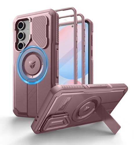 Image of Dexnor for Samsung Galaxy S24 FE Case with Camera Cover & Adjustable Kickstand & Built-in Screen Protector, Magnetic Rugged Shockproof Bumper Cases Heavy-Duty Magnetic Protective Cover,Peony Pink