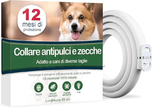 Collare Antiparassitario per Cani, Antiparassitario Collare Antipulci cane per Tutti i Tipi di Cani, Regolabile Impermeabile, 12 Mesi di Efficacia Protezione, 65cm Taglia Unica (65cm)