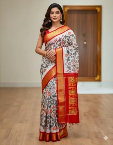 Image of AYYAPPASILK Women's Exclusive Ikkat Silk Saree for Designer Border with Contrast Blouse