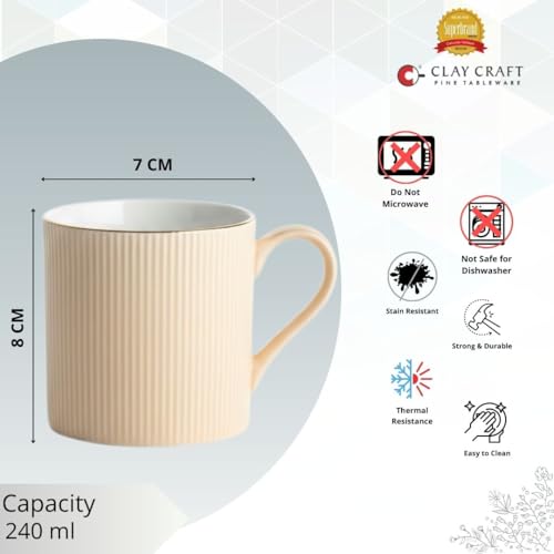 Image of Clay Craft Premium Fine Ceramic Coffee & Tea Mug Set with Elegant Gold Line Rim| Modern Ribbed Ivory Finish| Durable Build| Stylish Design for Home| Office & Gifting (240 Ml)