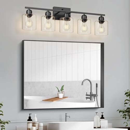 Image of Modern 5 Light Bathroom Vanity Light, 31 inch Black Bathroom Lights Fixtures, Vanity Lights with Clear Glass for Mirror Kitchen Living Room Hallway Cabinet Porch