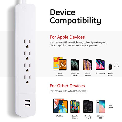 Ge 4 Outlet Total 10W/2.1A 2 Usb Surge Protector, 3 Ft Long Extension Cord, For Iphone 11 Max/Xs/Xr/X/8, Ipad Pro, Samsung Galaxy, Google Pixel, 560 Joules, Ul Listed, White/Gray, 37212 #TOP2